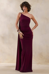 Bettine | Burgundy Asymmetric-Neck Maxi Dress With Cape-Sleeve