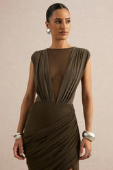 Kessia | Khaki Wide-Neck Thong Bodysuit With Mesh Detail