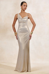 Galaxy Shimmer | Champagne Bias Cut Cowl Front Maxi Dress